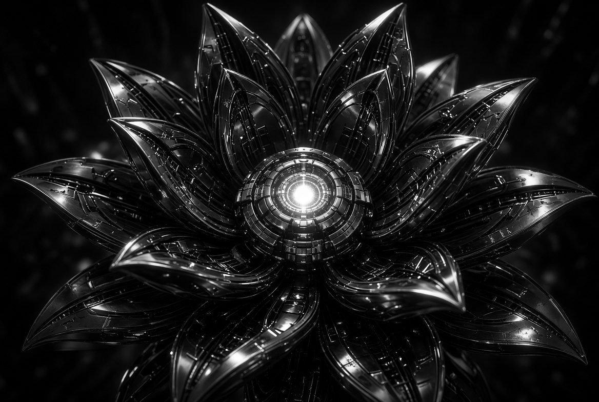 Black crystalline flower of sharp petals opening around a glowing violet centre