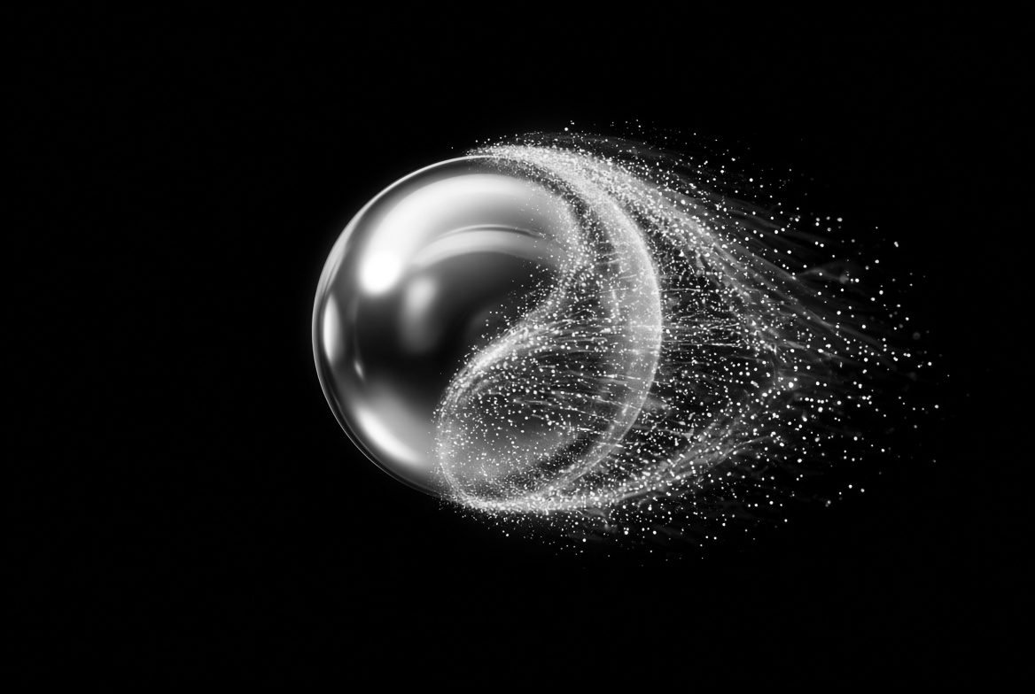 Chrome sphere trailing a ribbon of cyan particles, a material and motion study for a product launch scene