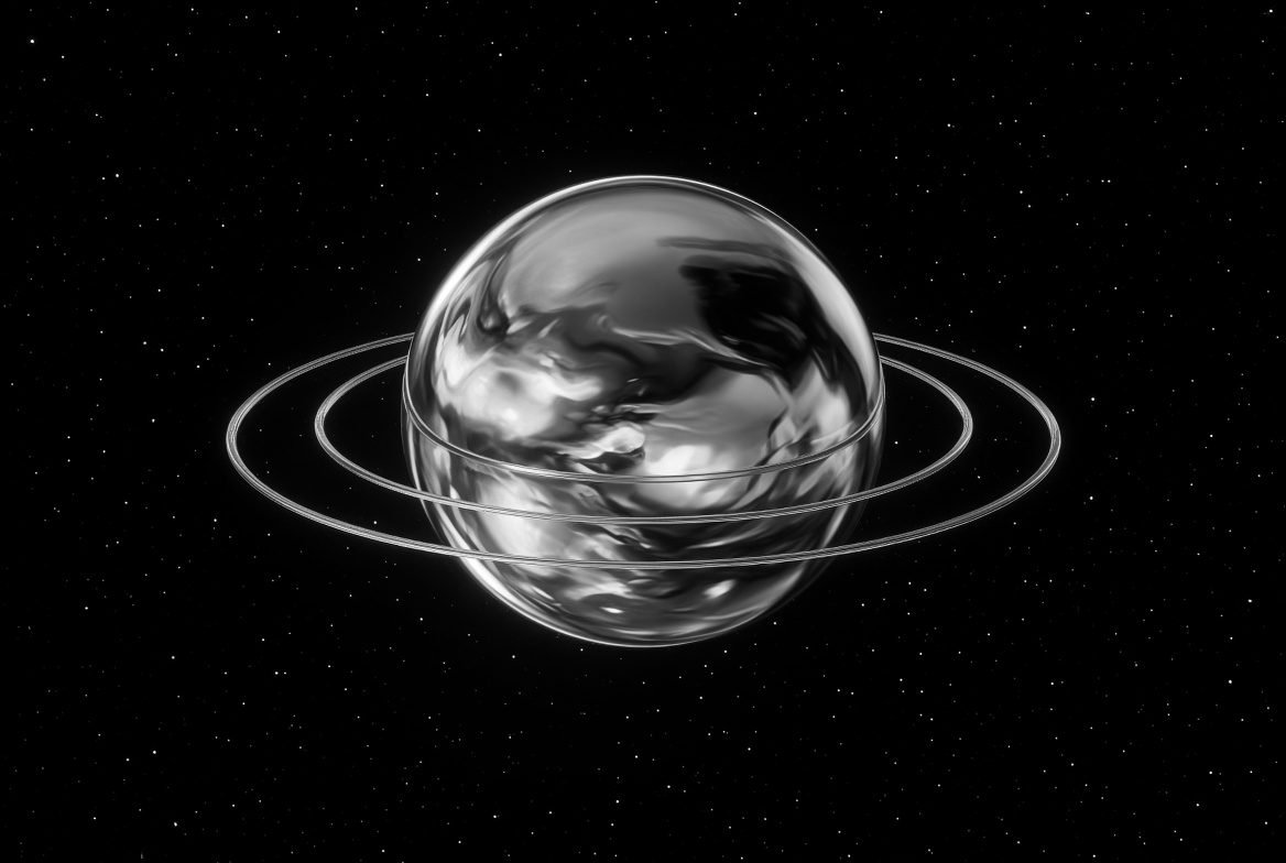 Glass and chrome sphere with a turquoise core circled by a thin ring, a material study for a product scene