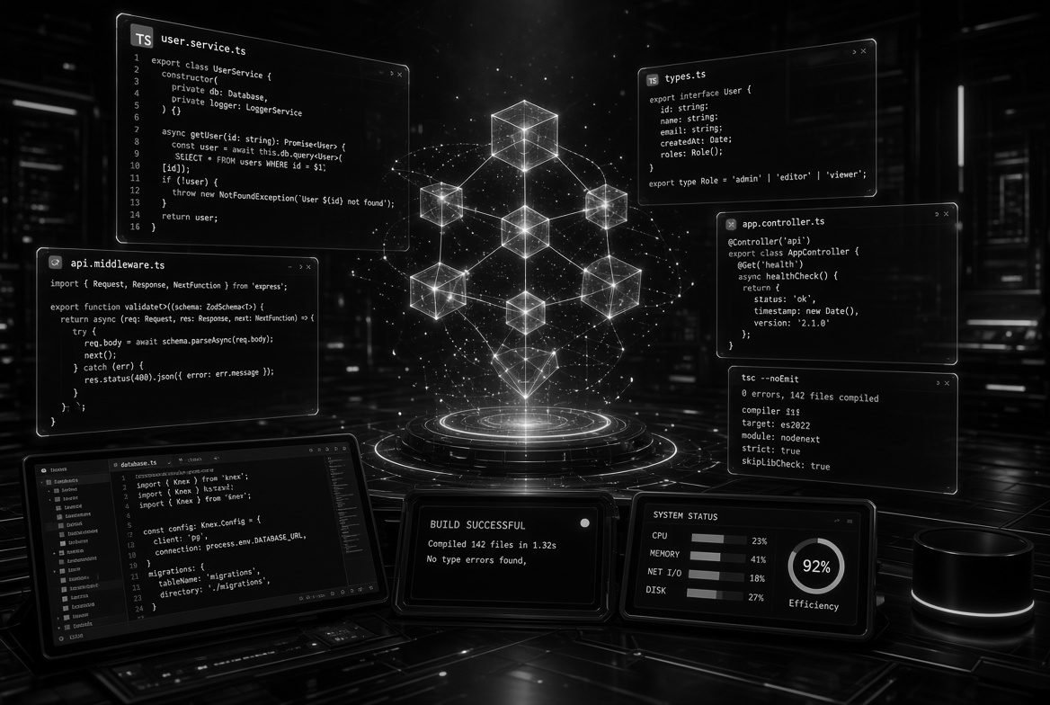 Floating code editor panels arranged around a glowing blue node diagram, a development build environment