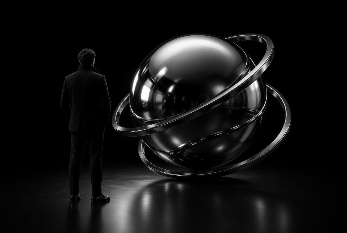 Figure facing a polished chrome sphere held in orbital rings, illustrating work between design and engineering