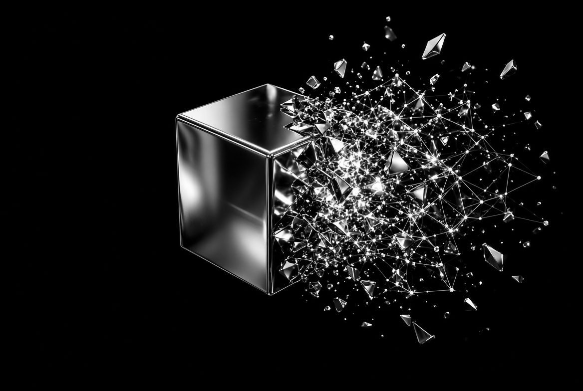 Chrome cube dissolving into angular fragments, a design system coming apart into its component parts