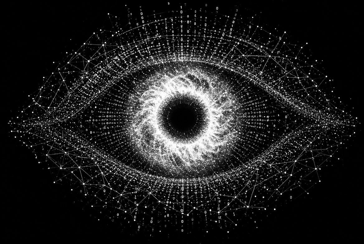Human eye rendered entirely from fine green and white particles, looking closely before any building starts