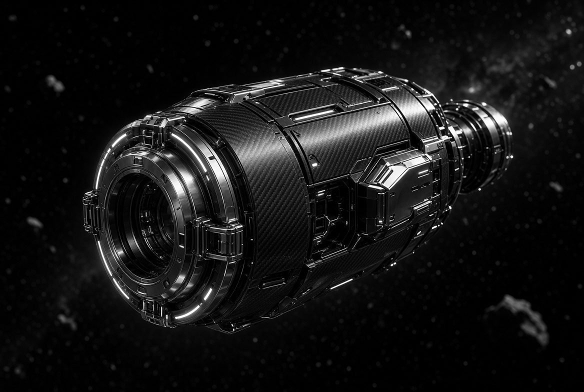 Carbon-fibre cylindrical module with a polished lens drifting in space, the questions that keep recurring