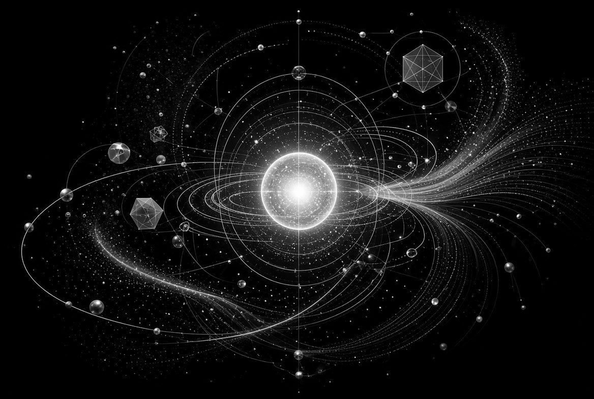 Golden orbital diagram of intersecting elliptical paths and small polyhedra, a set of writing in orbit