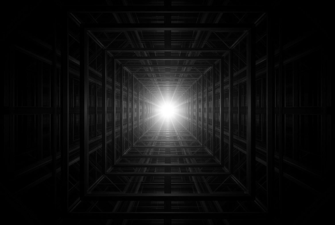 Deep blue grid corridor receding toward a bright vanishing point, standing in for four years of shipped work