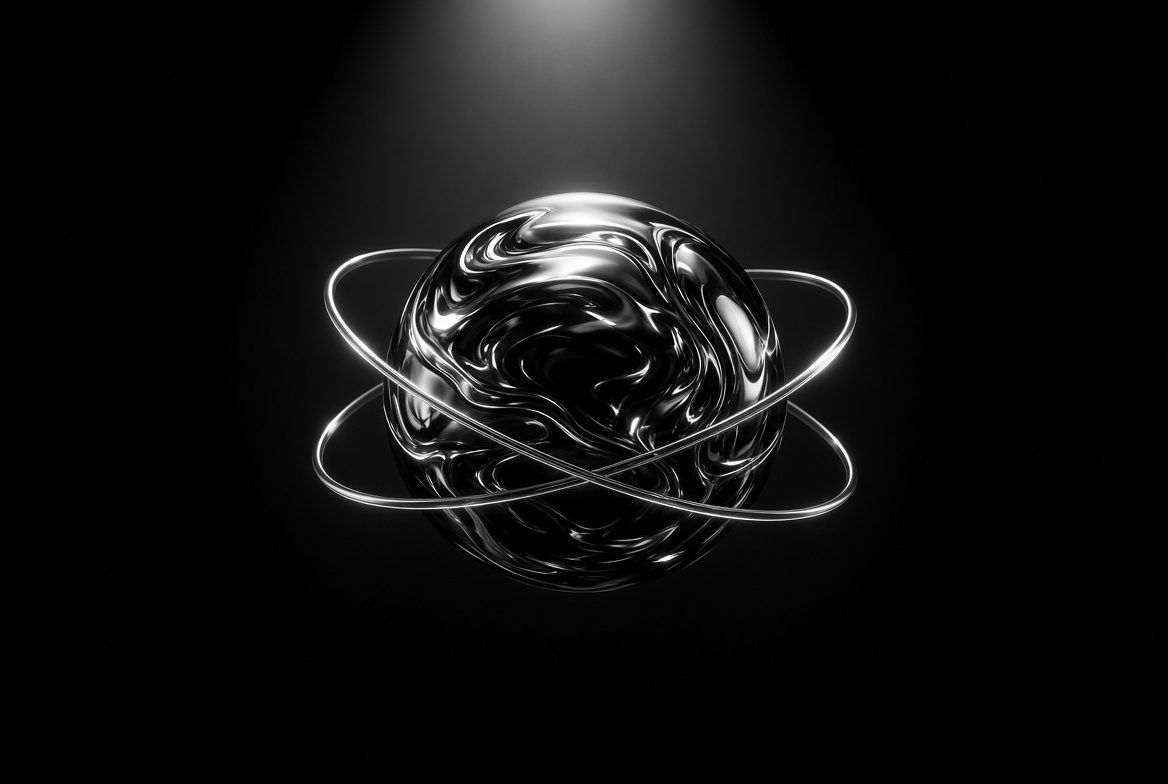 Liquid chrome sphere held inside thin golden orbital rings, a whole frontend stack read as one object