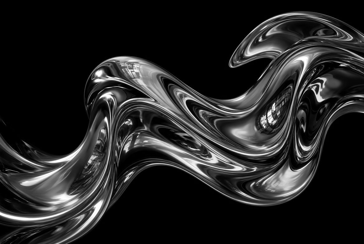 Ribbon of liquid chrome and cyan curling through black space, easing curves made visible as a physical form
