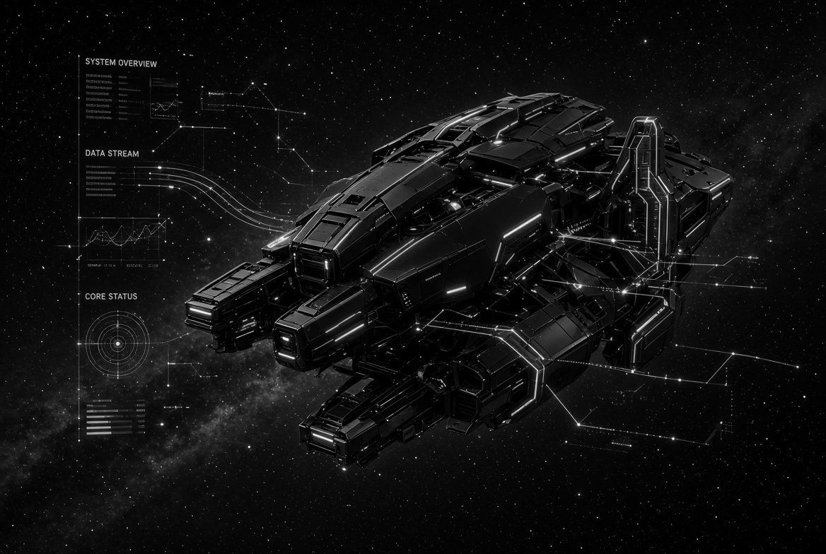 Detailed dark machine hull lit by cyan seams and annotated with system labels, the server half of an app