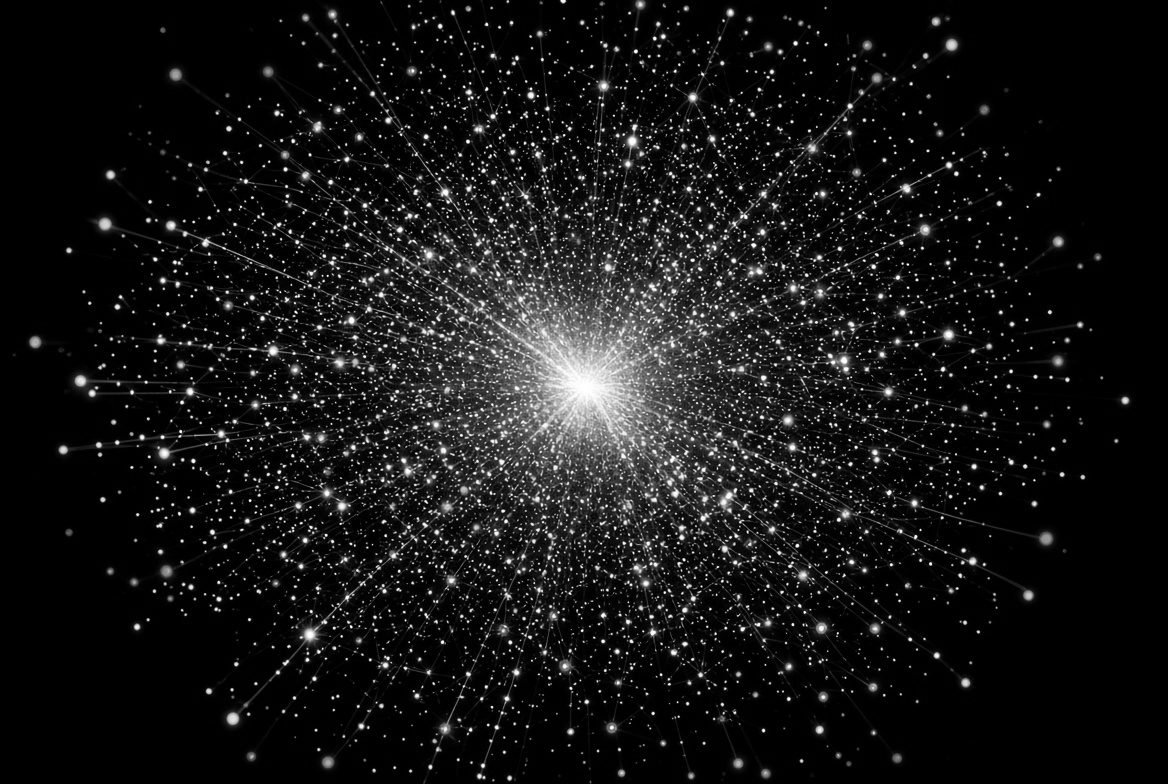 Dense starburst of orange, blue and violet particles, application state scattering and reassembling