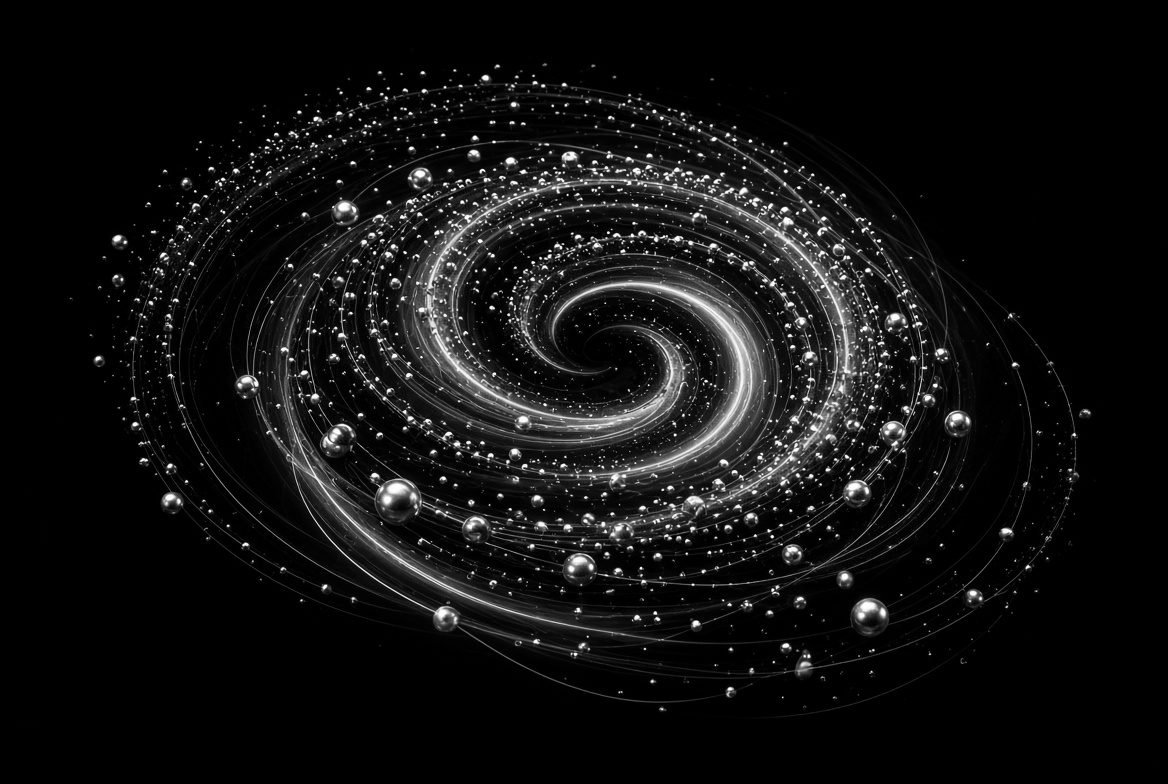 Spiral galaxy of fine particles with pale blue arms, satellite coverage accumulating over time