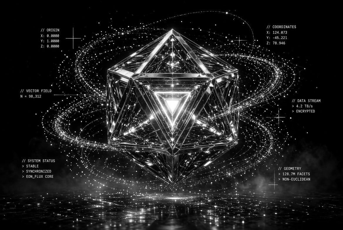 Wireframe icosahedron wrapped in cyan energy filaments with orbital telemetry readouts around it