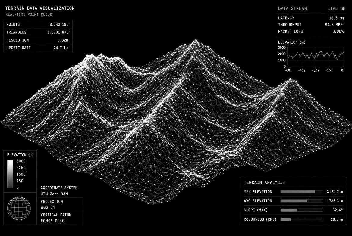 Wireframe terrain surface in blue and white with an elevation legend, imaging resolution across a landscape