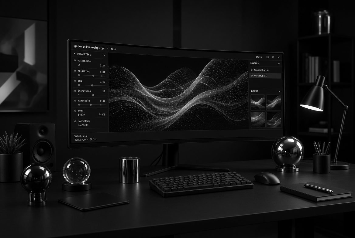 Quiet desk setup with an ultrawide monitor showing soft violet waveforms, an ordinary working desk