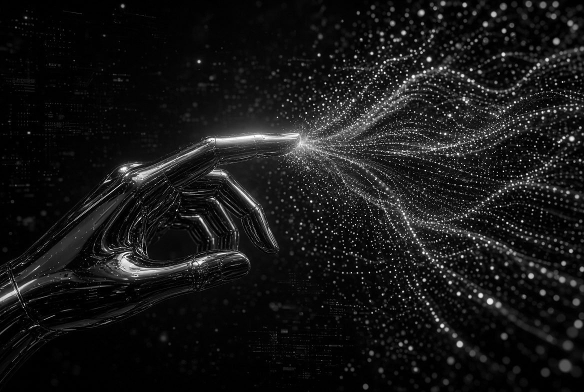 Chrome hand emerging from a field of drifting white particles, motion that carries intent not decoration