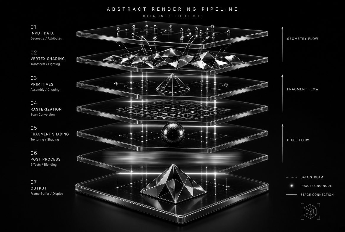 Exploded diagram of a rendering pipeline as stacked translucent layers, geometry through post-processing