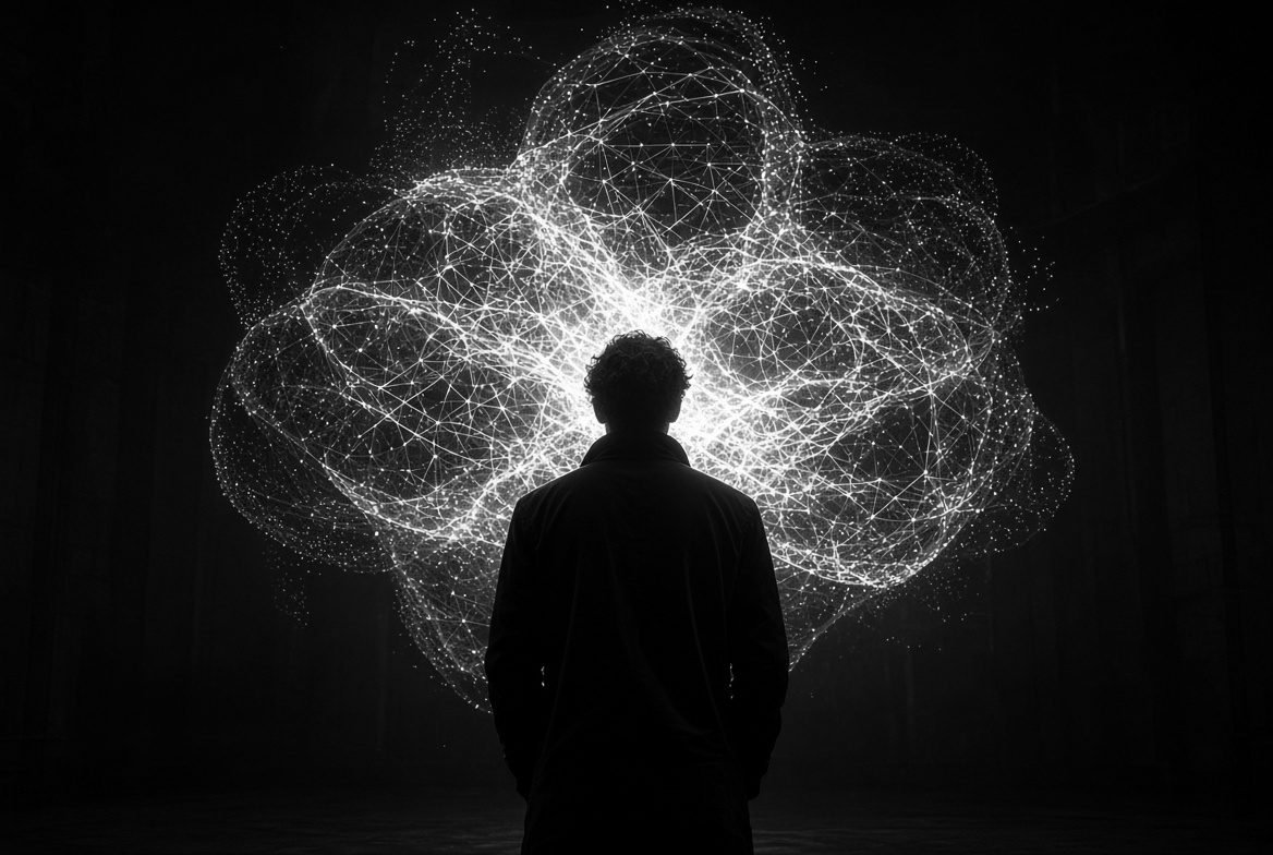Figure silhouetted against a vast bloom of cyan and gold filament light, in front of the machine they built