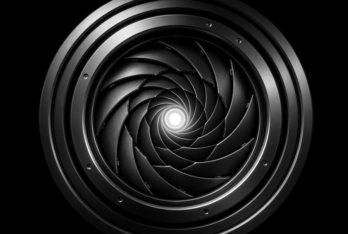 Mechanical aperture of overlapping dark blades around a warm glowing centre, a frame budget drawn as a lens